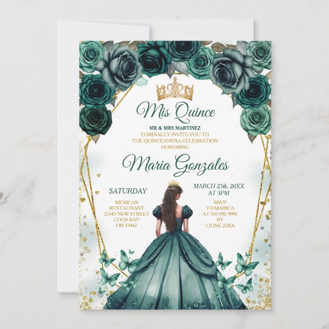 Emerald Green Princess Quinceañera Crown Floral Einladung (Vorderseite)