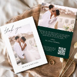 Emerald Green QR Code Wedding Dankeschön Foto Dankeskarte<br><div class="desc">Hochzeit Dankeschön Karten,  die ein Foto Bilder und Text auf der Vorder- und Rückseite haben. Die Dankeschön-Karten enthalten eine moderne,  handgeschriebene,  kursive Schriftzeichen-Typografie,  die elegant,  einfach und modern nach einem minimalistischen einfachen Hochzeitstag-Fest zu verwenden sind.</div>