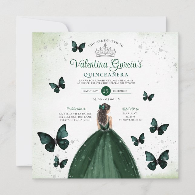 Emerald Green Quinceañera 15 Anos Blume Silver Einladung (Vorderseite)