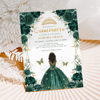Emerald Green Quinceañera Brown Skin Princess Einladung