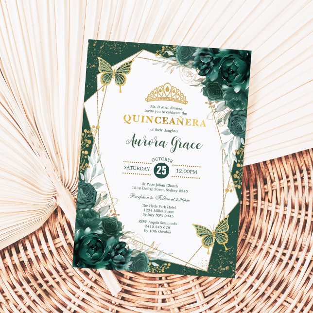 Emerald Green Quinceañera Butterflies Mis Quince Einladung (Von Creator hochgeladen)