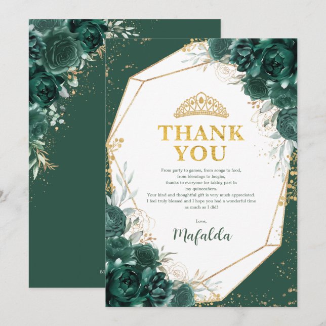 Emerald Green Quinceañera Butterfly Danke Karte (Vorne/Hinten)