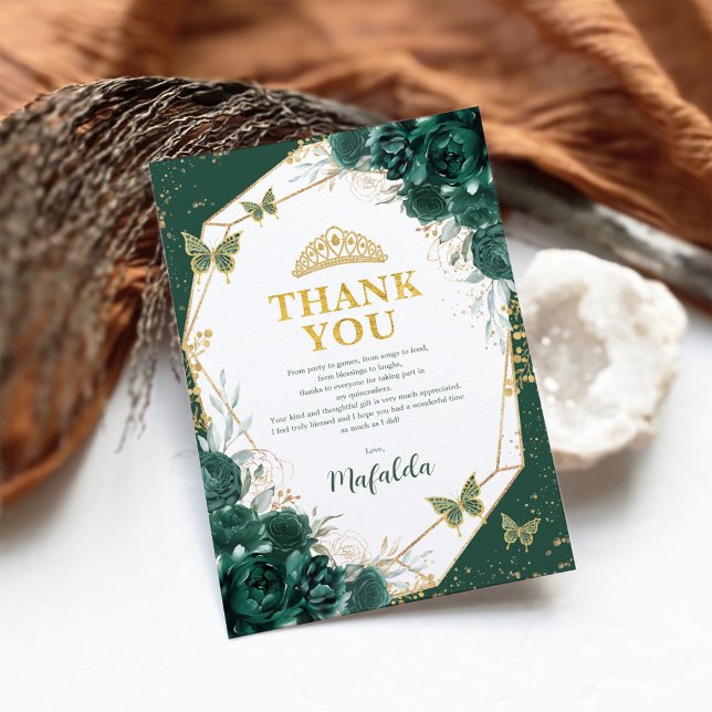 Emerald Green Quinceanera Butterfly Danke Karte (Von Creator hochgeladen)