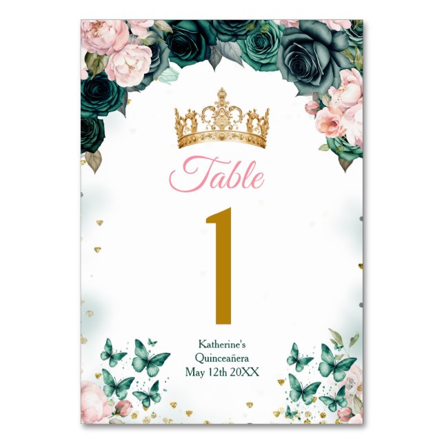 Emerald Green Quinceañera Crown Pink Floral Tischnummer (Vorderseite)