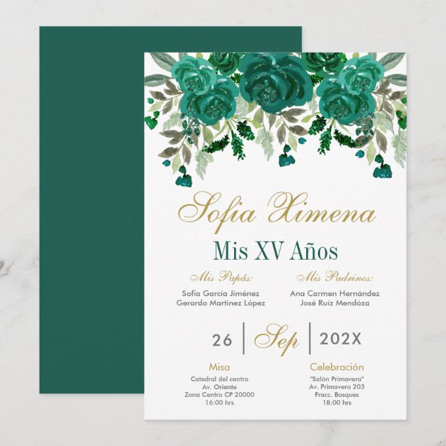 Emerald Green Quinceanera Einladung (Vorne/Hinten)