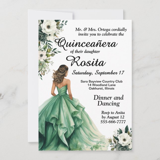Emerald Green Quinceanera Einladung (Vorderseite)