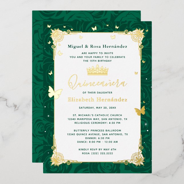 Emerald Green Quinceañera Elegante Butterfly Folieneinladung (Vorderseite/Rückseite)