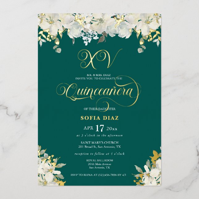 Emerald Green Quinceañera Floral Gold Folieneinladung (Vorderseite)