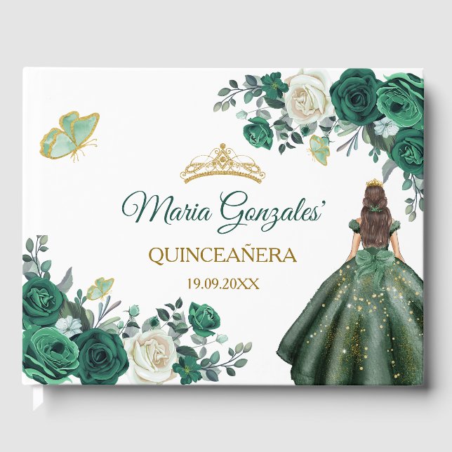 Emerald Green Quinceañera Floral Guest Book Gästebuch (Vorderseite)