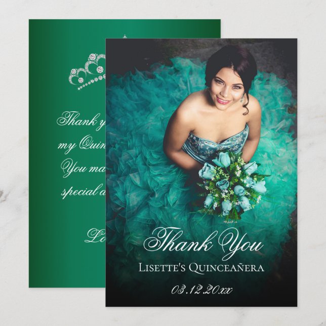 Emerald Green Quinceanera Foto Personalisiert hinz Dankeskarte (Vorne/Hinten)