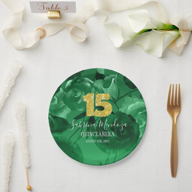 Emerald Green Quinceanera Gold #15 Paper Tellers Pappteller (Hochzeit)