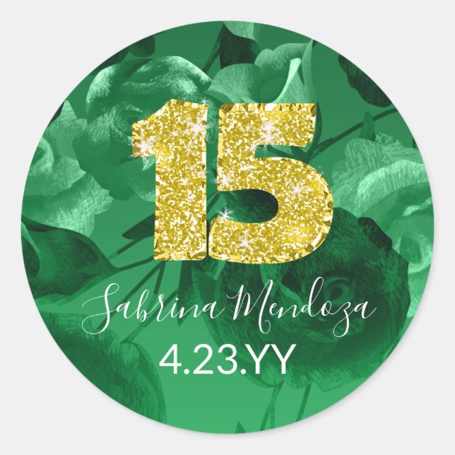 Emerald Green Quinceanera Gold #15 Runder Aufkleber (Vorderseite)
