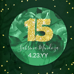 Emerald Green Quinceanera Gold #15 Runder Aufkleber