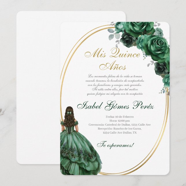 Emerald Green Quinceanera invitation in Spanish (Devant / Derrière)