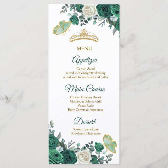Emerald Green Quinceañera Menükarte (Vorderseite)