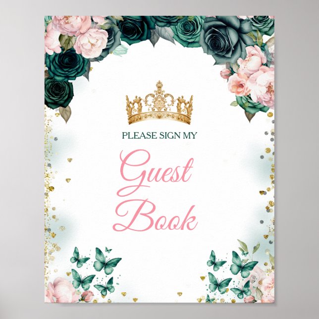 Emerald Green Quinceañera Pink Floral Gästebuch (Vorne)