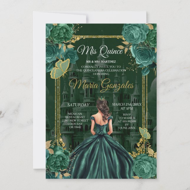 Emerald Green Quinceañera Princess Butterfly Einladung (Vorderseite)