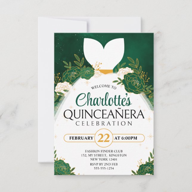 Emerald Green Quinceañera White Princess Dress Einladung (Vorderseite)