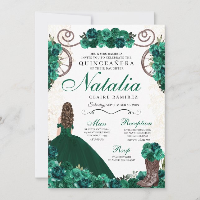 Emerald Green Ranchero Princess Dress Quinceanera Einladung (Vorderseite)