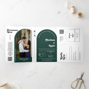 Emerald Green Retro Arch Foto QR Code Wedding Dreifach Gefaltete Einladung