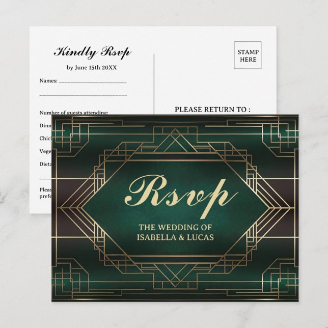 Emerald Green Roaring 20s Wedding RSVP Postkarte (Vorne/Hinten)