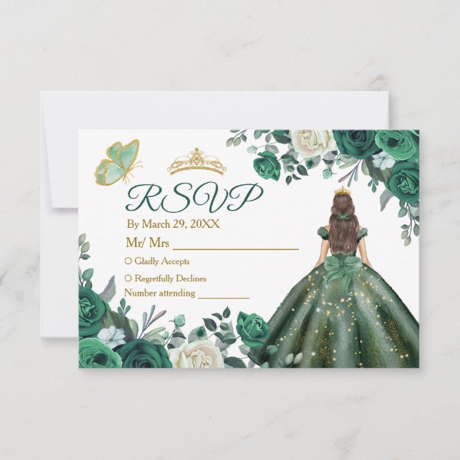 Emerald Green Robe Quinceañera Couronne Carte RSVP (Devant)