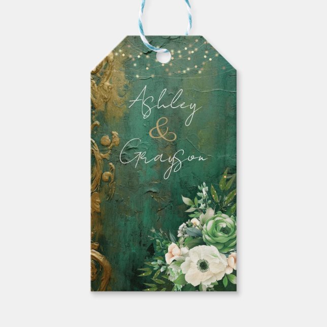 Emerald Green Romantic Floral Wedding Geschenkanhänger (Vorderseite)