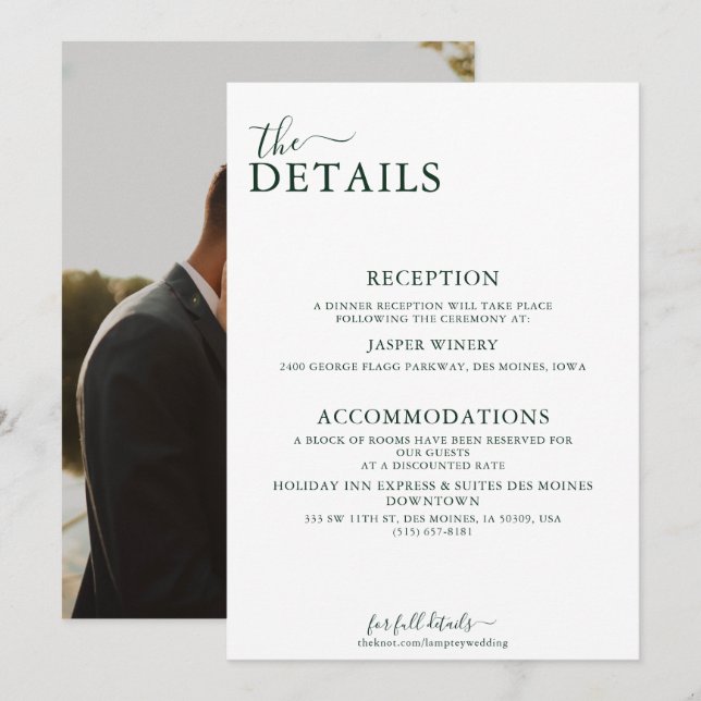 Emerald Green Romantic Foto Back Wedding Details Einladung (Vorne/Hinten)