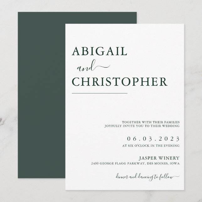 Emerald Green Romantic Simple Wedding Einladung (Vorne/Hinten)