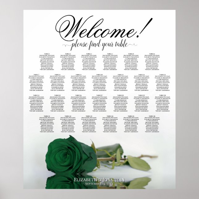 Emerald Green Rose 26 Table Wedding Seating Chart Poster (Vorne)