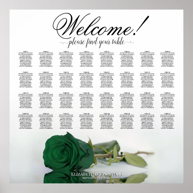 Emerald Green Rose 32 Table Wedding Seating Chart Poster (Vorne)
