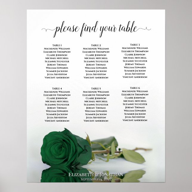 Emerald Green Rose 6 Table Wedding Chart Poster (Vorne)
