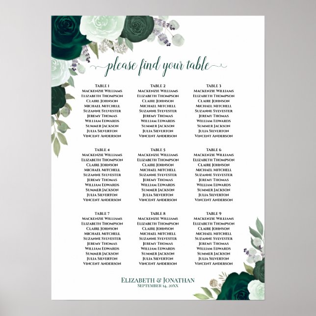 Emerald Green Rose 9 Tabelle Hochzeitstabelle Poster (Vorne)