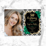 Emerald Green Rose Black Gold Foto 50. Geburtstag Einladung<br><div class="desc">Elegante florale feminine 50. Geburtstagseinladung mit Ihrem Foto. Glam Schwarz-weiß und smaragdgrün Design mit Imitaten Glitzer Gold. Enthält schwarz-weiße Damask-Muster,  Saphire-Rose,  Script-Schriftart und Konfetti. Ideal für ein stilvolles Party für Erwachsene. Personalisieren Sie Ihre persönlichen Daten. Kann für jedes Alter angepasst werden! Gedruckte Zazzle Einladungen oder Sofortdownload digitalen druckbaren Vorlage.</div>