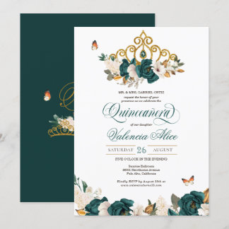Emerald Green Rose Butterfly Tiara Quinceanera Einladung