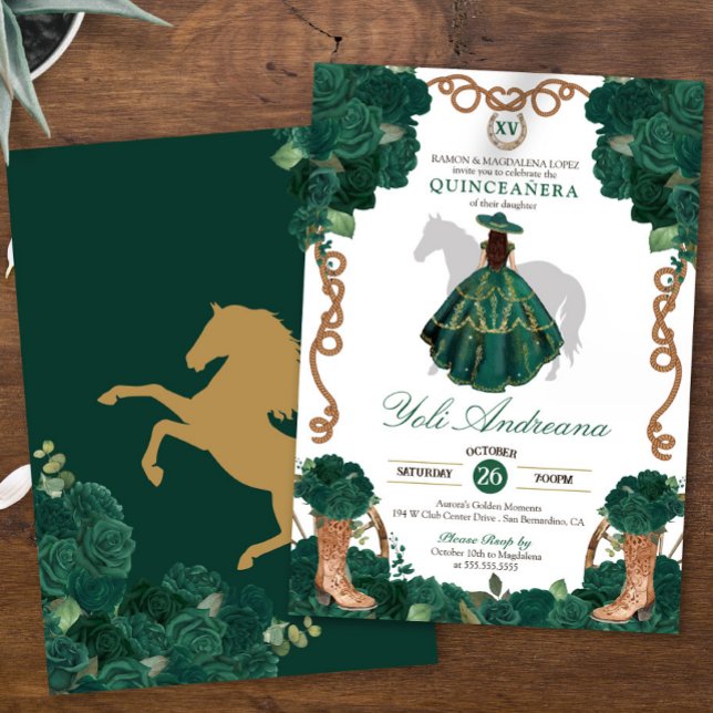 Emerald Green Rose Charro Vestidos Quinceañera Einladung (Von Creator hochgeladen)