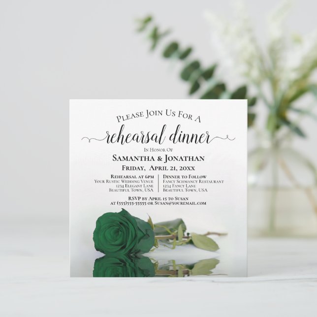 Emerald Green Rose Chic Wedding Probe Dinner Einladung (Stehend Vorderseite)