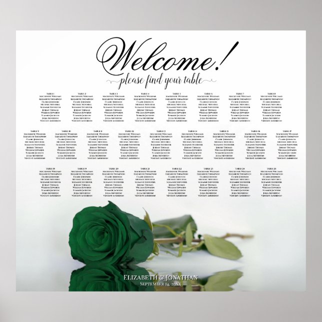 Emerald Green Rose Elegant 25 Table Seating Chart Poster (Vorne)