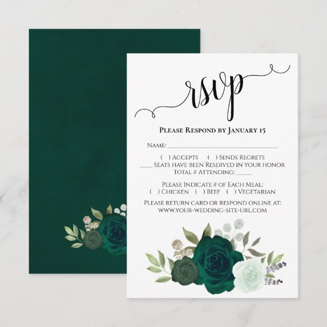 Emerald Green Rose Elegant Boho Chic Wedding RSVP Karte (Vorne/Hinten)