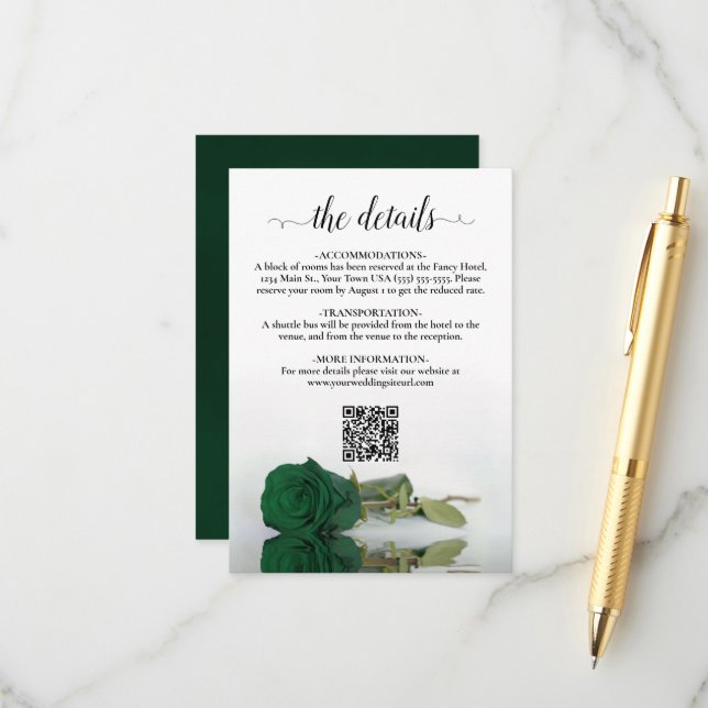 Emerald Green Rose Elegante Wedding Details QR Cod Begleitkarte (Vorderseite/Rückseite Beispiel)