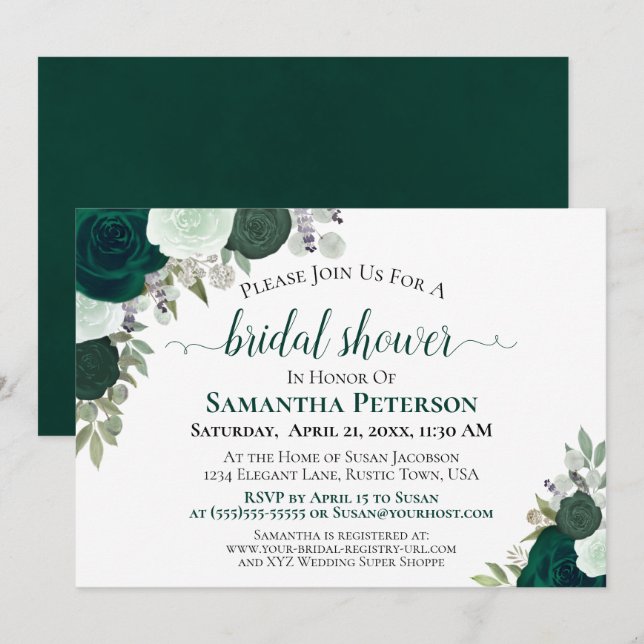 Emerald Green Rose Elegantes Brautparty Einladung (Vorne/Hinten)