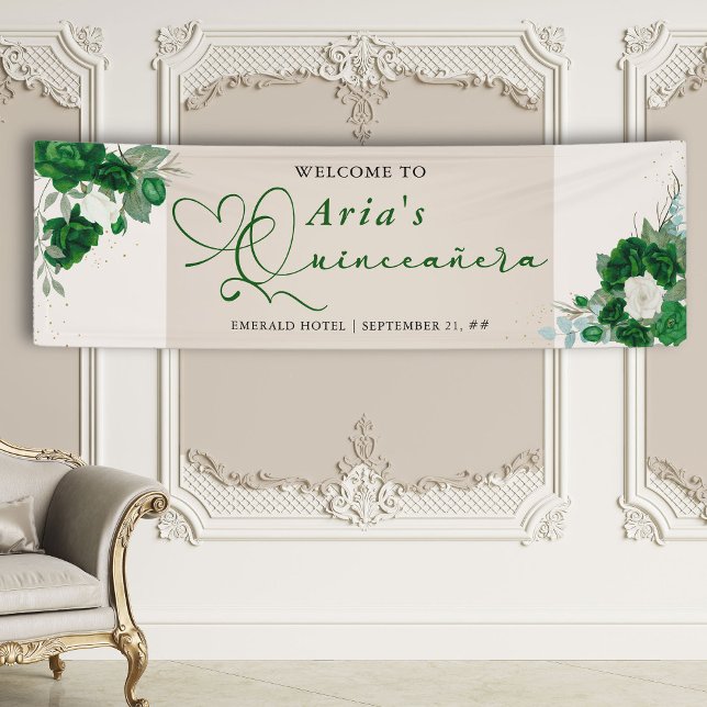 Emerald Green Rose Floral Quinceanera Willkommen Banner (Quinceanera Banner from the Royal Rose Emerald Green Quinceanera Collection by Darling & May)