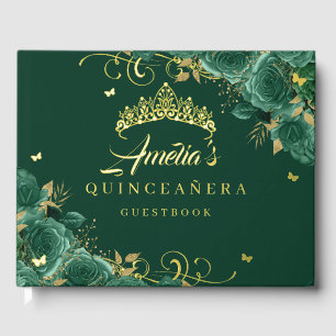 Emerald Green Rose Floral Swirl Quinceanera Gold Gästebuch