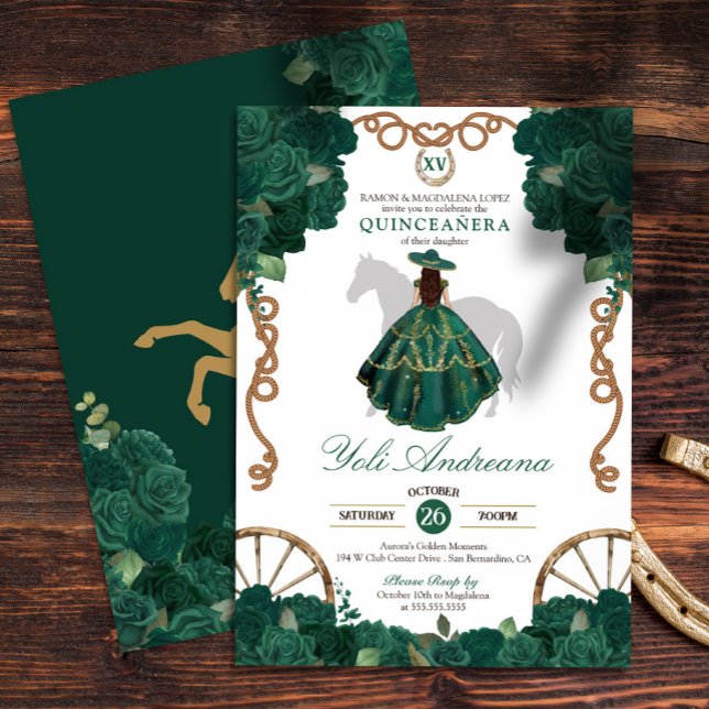 Emerald Green Rose Floral Western Quinceañera Einladung (Von Creator hochgeladen)