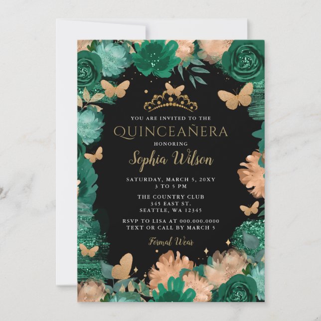 Emerald Green Rose Gold Butterfets Quinceañera Einladung (Vorderseite)
