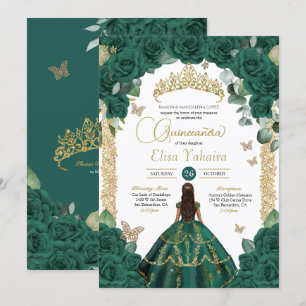 Emerald Green Rose & Gold Butterfly Quinceanera Einladung