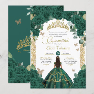 Emerald Green Rose & Gold Butterfly Quinceanera Einladung