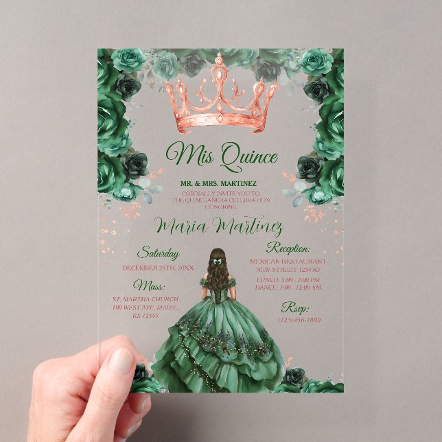 Emerald Green Rose Gold Crown Mis Quince Acryleinladungen (Insitu (Handheld))