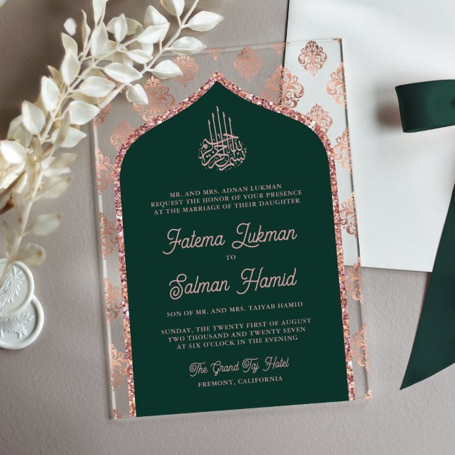 Emerald Green Rose Gold Damask Arch Acryleinladungen (Von Creator hochgeladen)