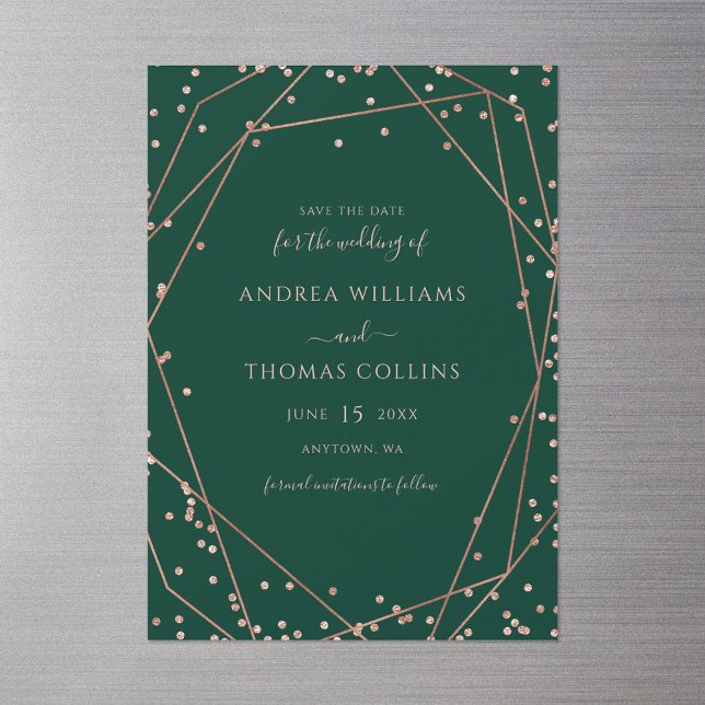 Emerald Green Rose Gold Geometric Save the Date Magneteinladung (Von Creator hochgeladen)